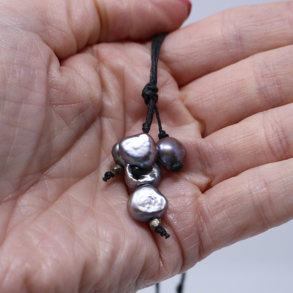In2‎ Design 5 Grey Pearl and Sterling Bead Necklace on Multi-Strand Waxed Cotton